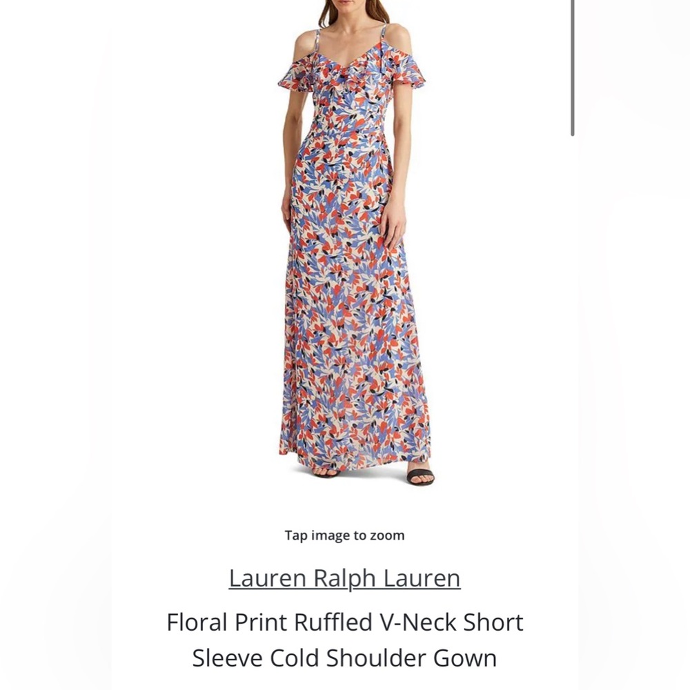 Ralph Lauren Floral Print Ruffled V-Neck Short Sleeve Cold Shoulder Gown, Size 4